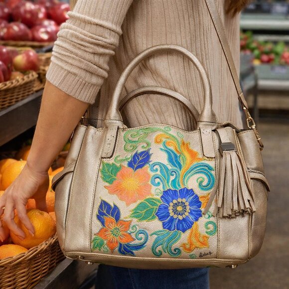 Hand Crafted Handbags - Hand Painted Gold Satchel Purse Bag with Floral Design